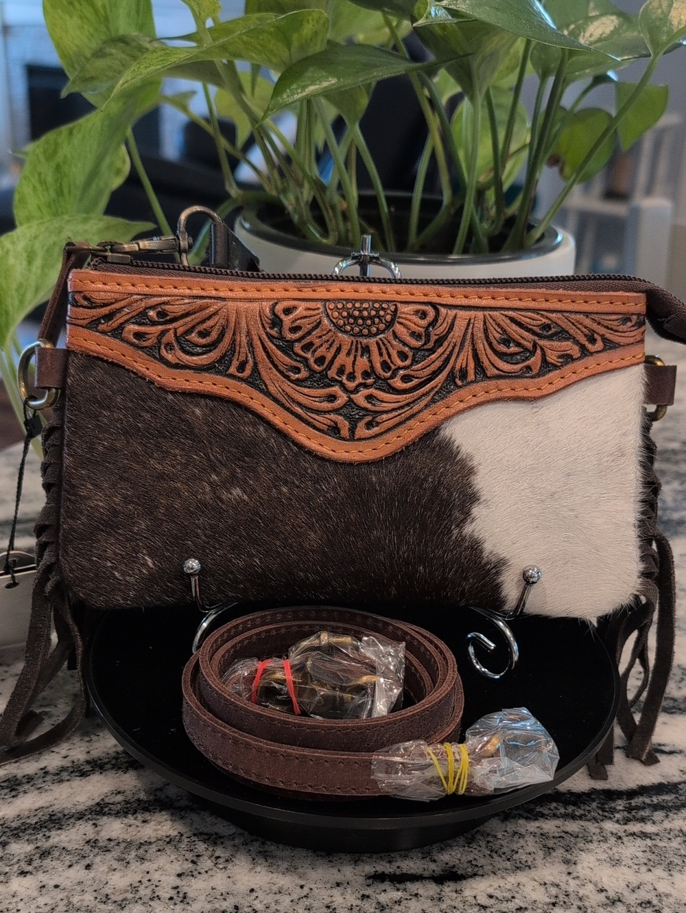 Calf Hair Cow Print Tooled Leather Fringe Crossbody Bag - Picture 1 of 4